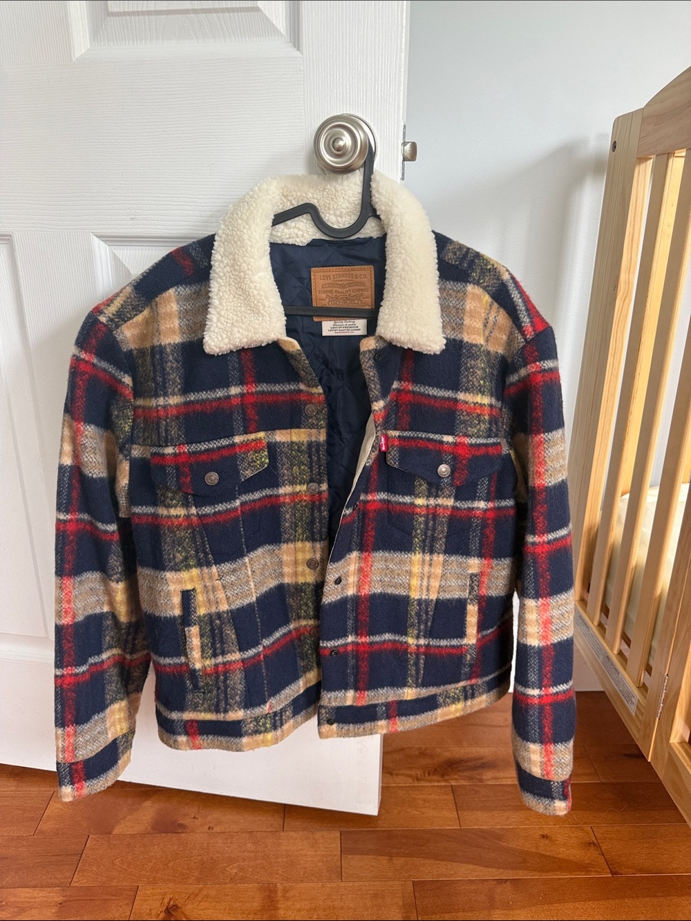 Levi's Plaid Sherpa Collar Pea Coat - Navy, Red & Tan